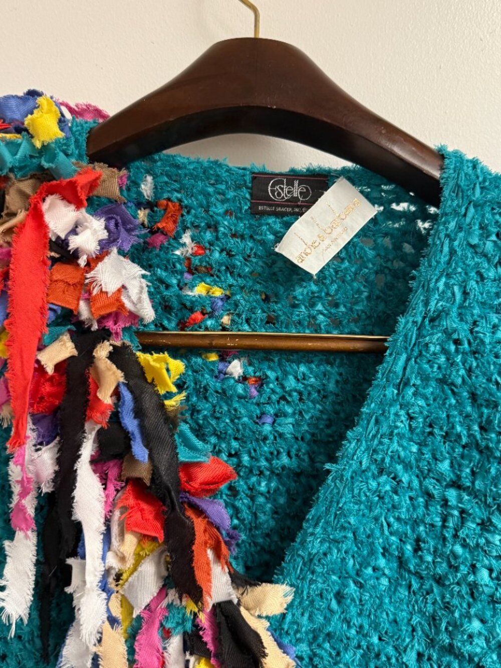 Vintage 80s Teal Multicolor Stretch Knit Unique Artsy Cardigan Sweater S/M - Picture 6 of 10